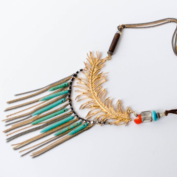 Vintage Boho Bib Necklace, Vintage Artisan Asymmetrical Statement Necklace - Picture 2 of 8